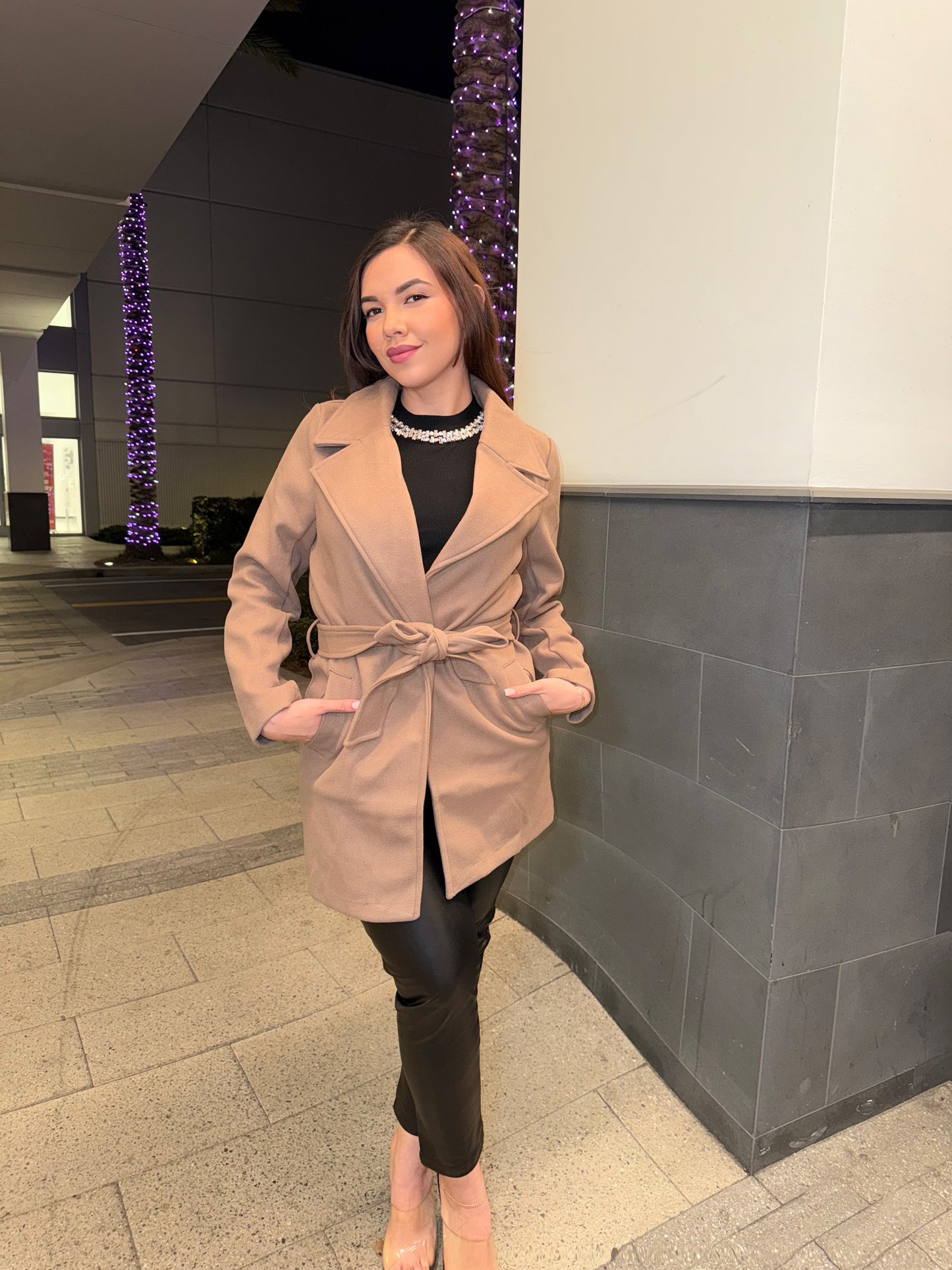 Cocoa Lapel Collared Trench Coat with Waist Tie