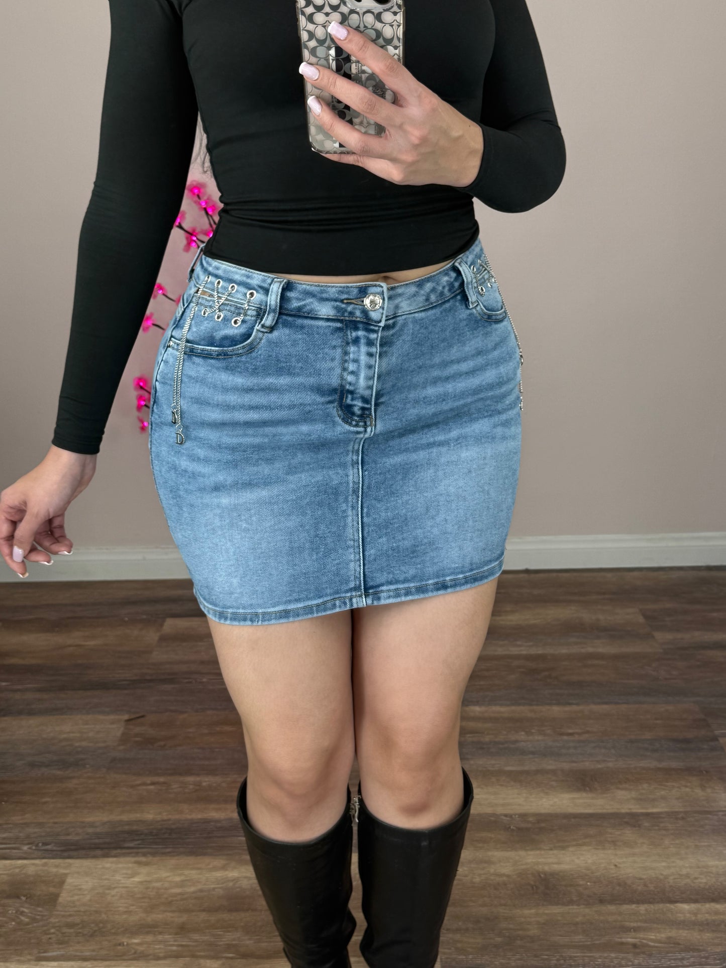 Lace-Up Pocket Denim Mini Skirt