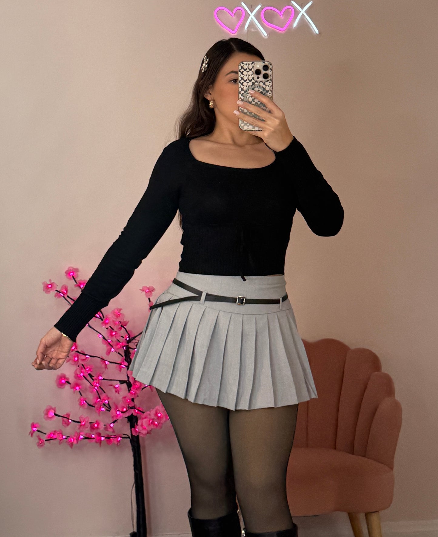 Black Front Tie Ribbed Sweater
