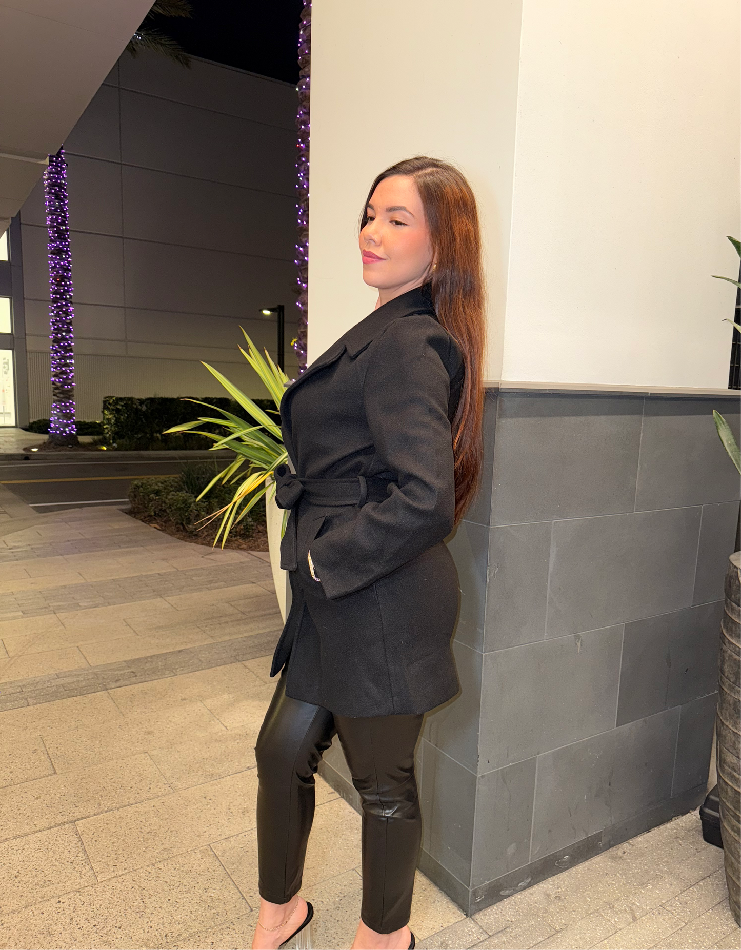 Black Lapel Collared Trench Coat with Waist Tie