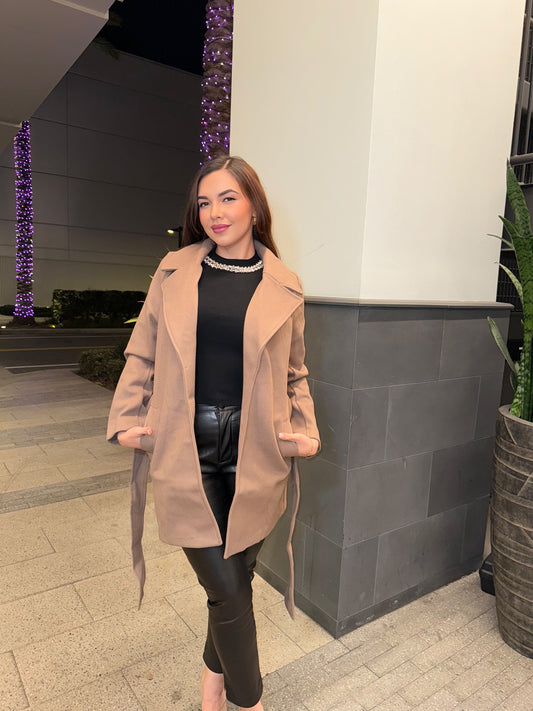 Cocoa Lapel Collared Trench Coat with Waist Tie