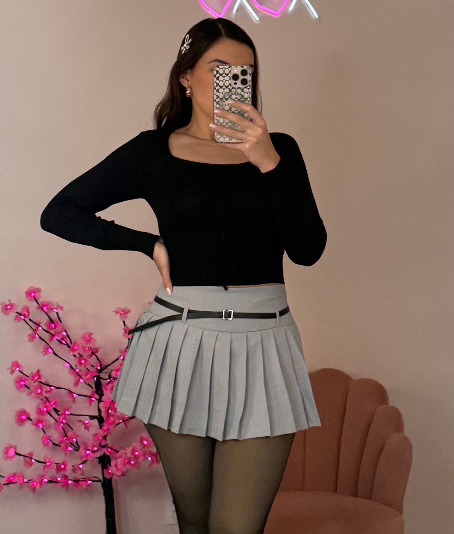 Grey Low belted Pleated Mini Skirt