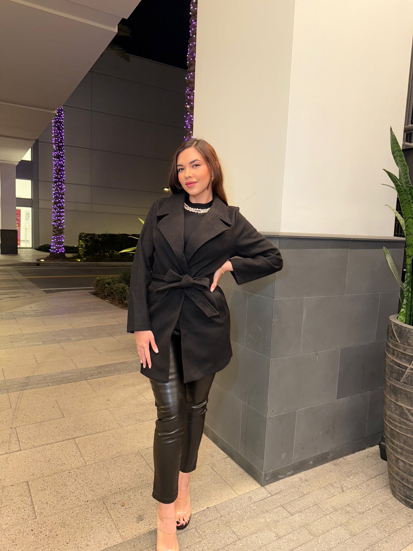 Black Lapel Collared Trench Coat with Waist Tie