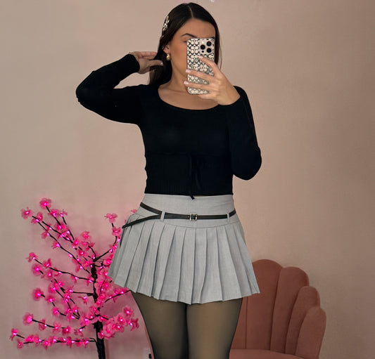 Grey Low belted Pleated Mini Skirt