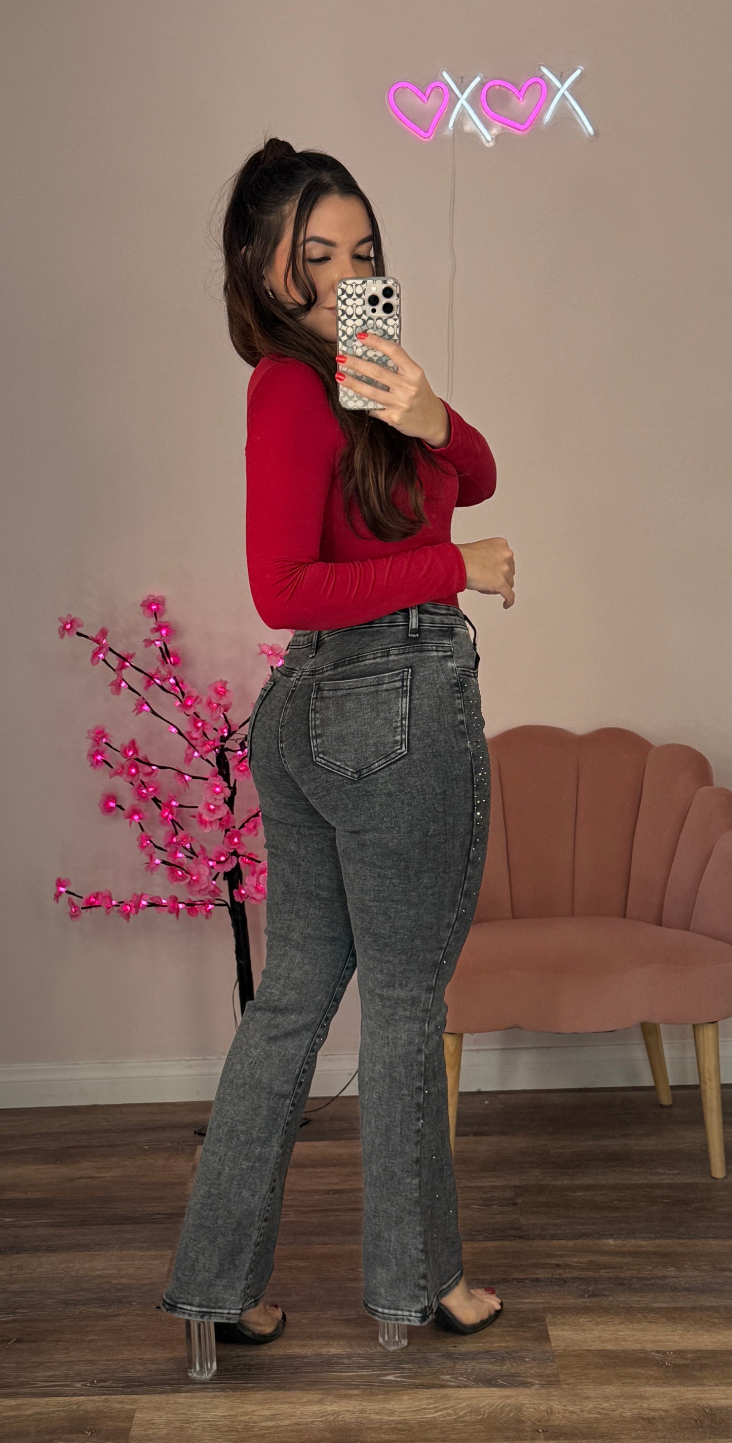 Gia Rhinestone Gray Super Stretch Jeans