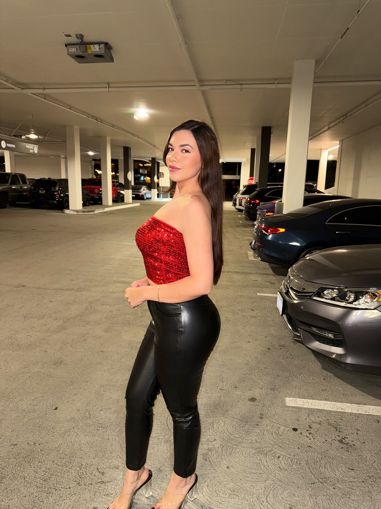 RED SHINY SEQUIN CROP TOPS