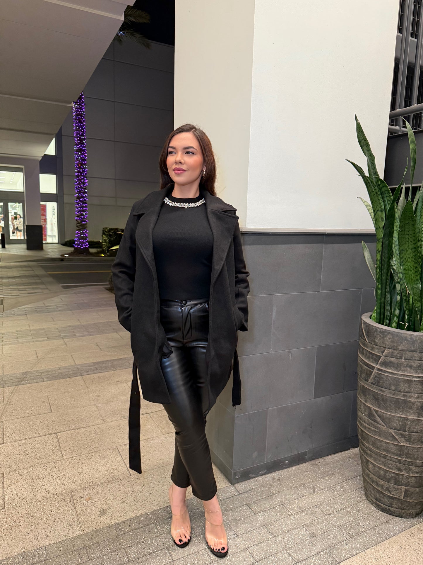 Black Lapel Collared Trench Coat with Waist Tie