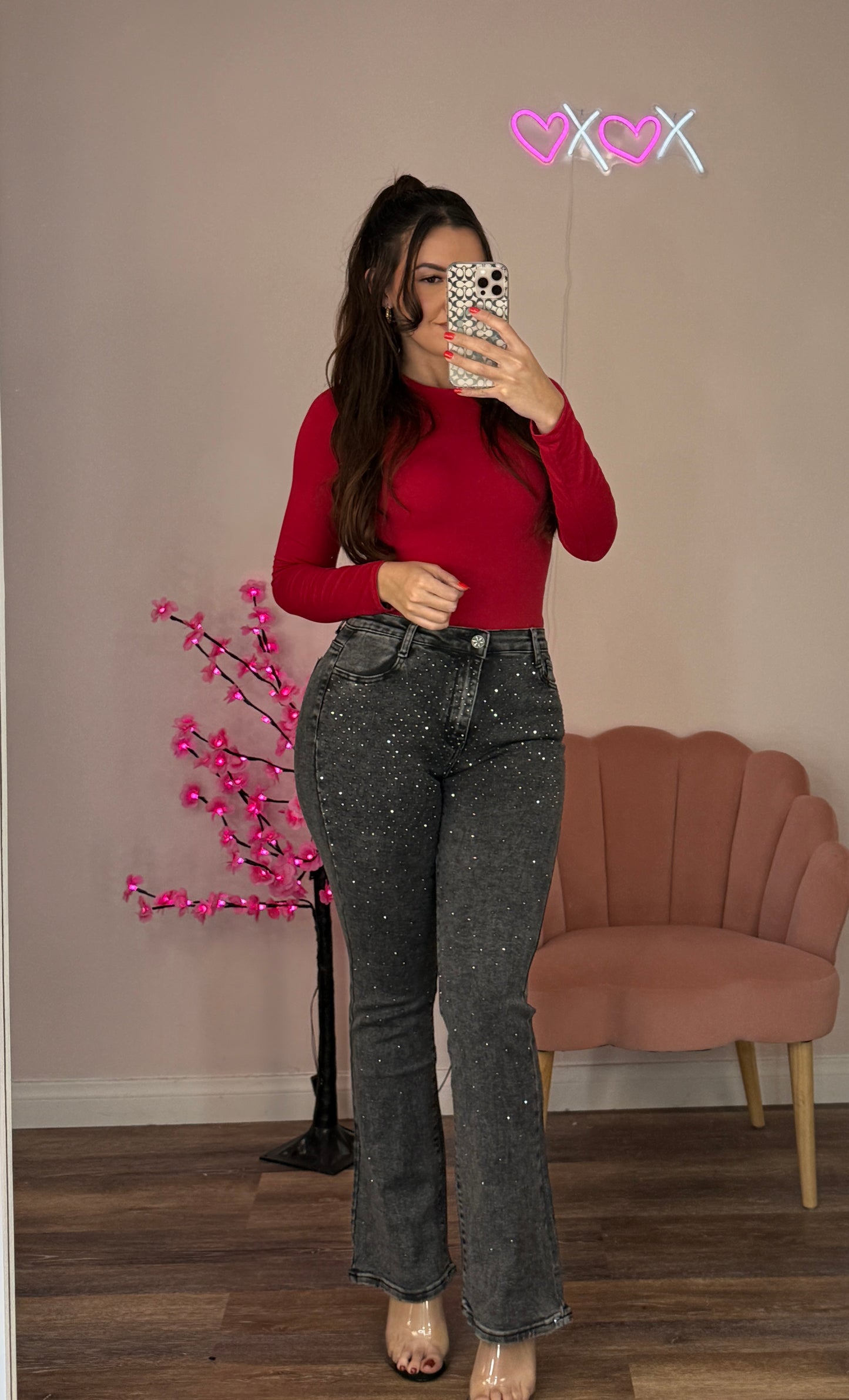 Gia Rhinestone Gray Super Stretch Jeans
